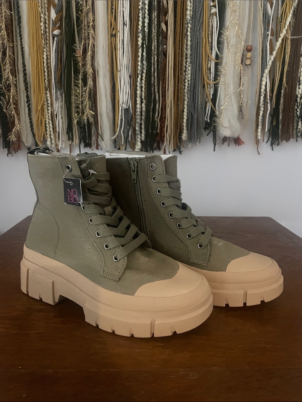 Olive Green -tannish Lace-Up Platform Boots with Tan Sole new size 6